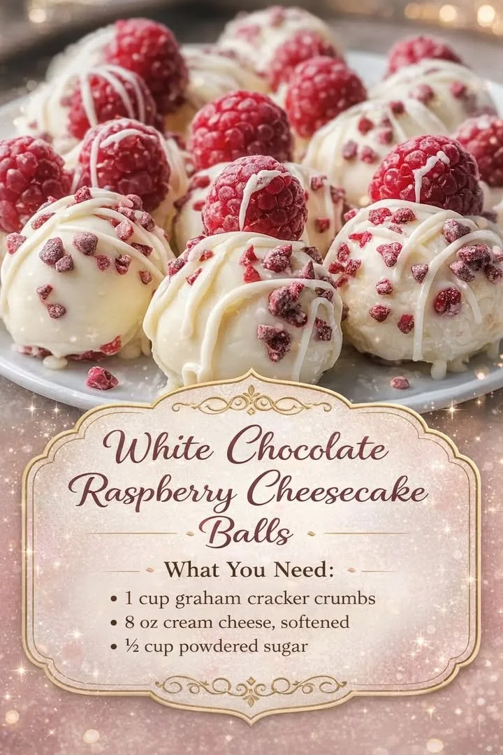 White chocolate raspberry cheesecake balls on a plate, garnished with fresh raspberries.