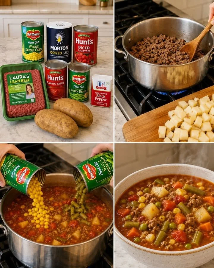 Bowl of beef soup with garden vegetables, showcasing a hearty and nutritious meal.