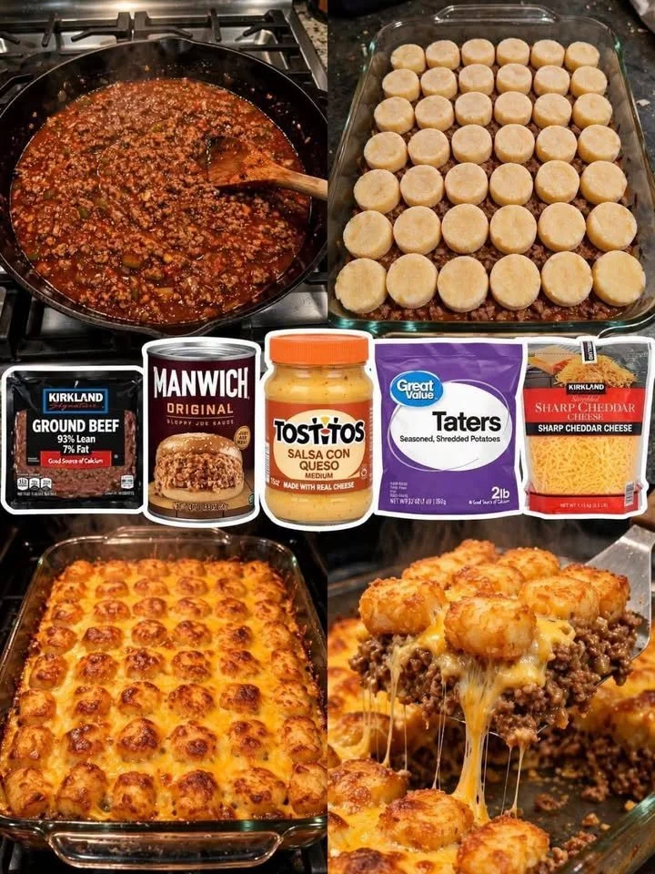 Cheesy Sloppy Joe Tater Tot Casserole served in a baking dish