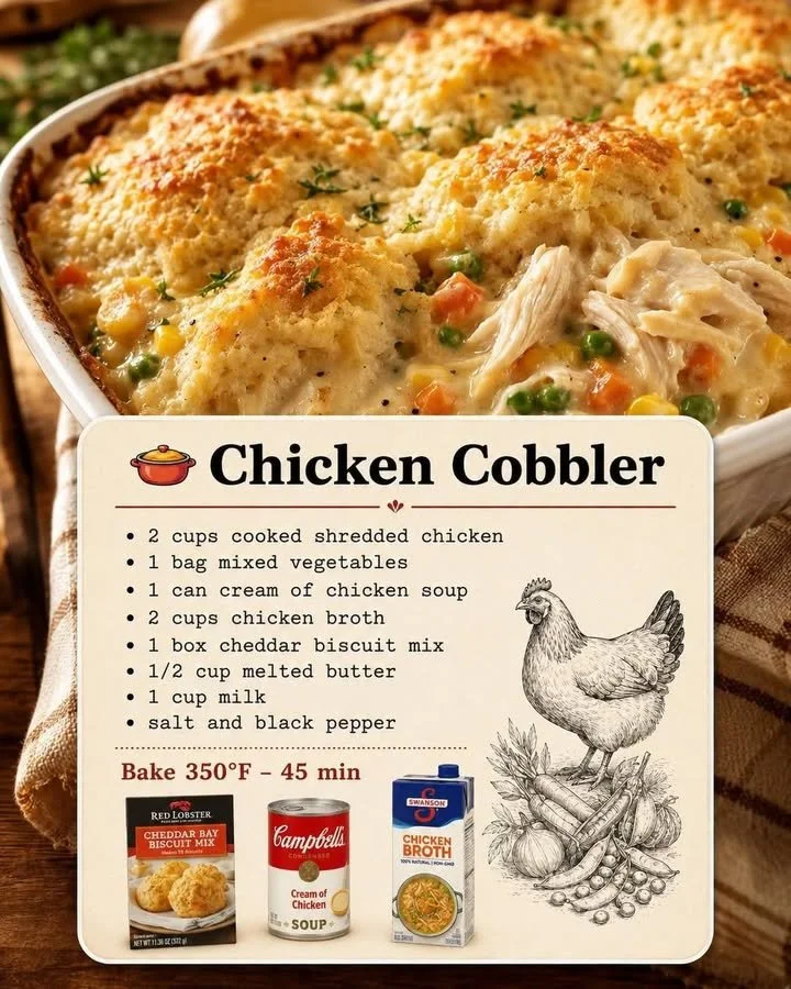 Delicious homemade Chicken Cobbler served in a bowl with fresh herbs