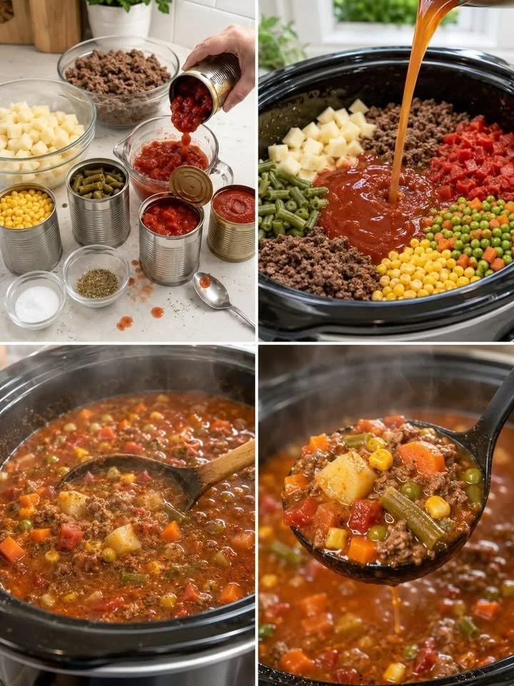 Delicious Crockpot Cowboy Soup filled with beans, corn, and ground beef.