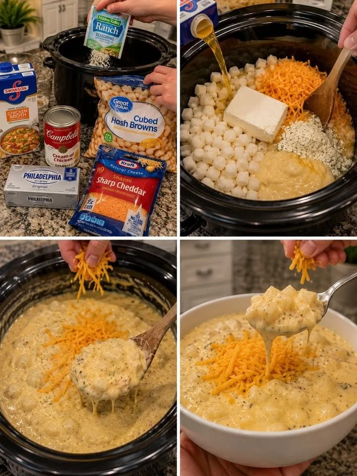 Bowl of creamy crockpot potato soup garnished with herbs and crispy bacon