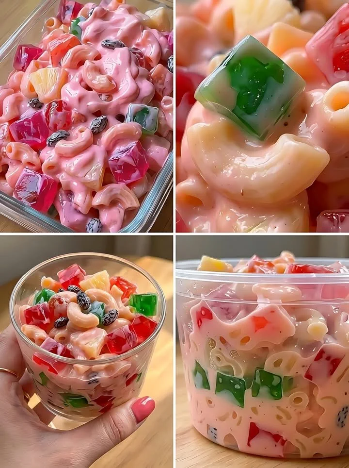Colorful bowl of fresh fruit salad macaroni with a mix of fruits and pasta
