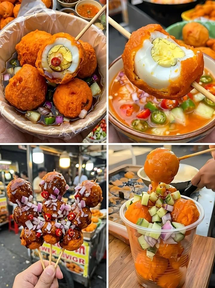 Plate of Kwek Kwek, Filipino street food made with quail eggs in orange batter