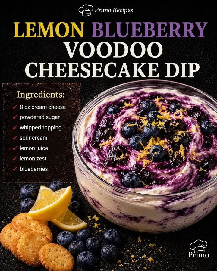 Lemon Blueberry Voodoo Cheesecake Dip served in a bowl with fresh blueberries.