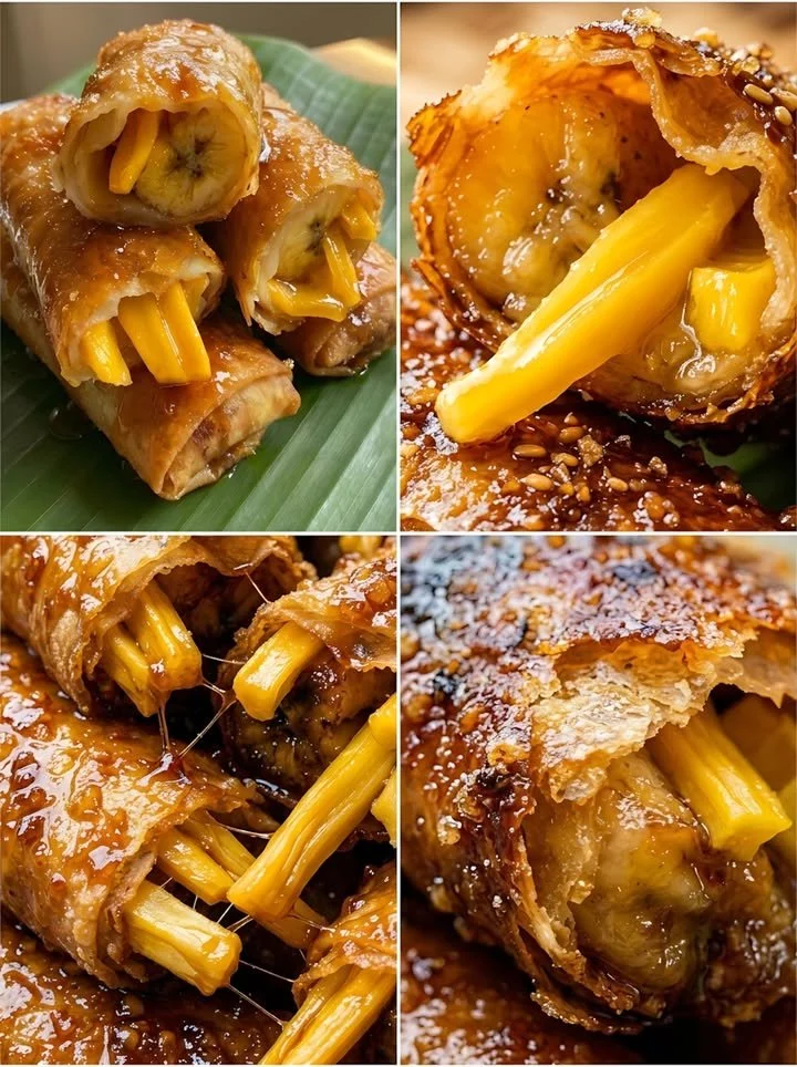Golden brown Turon - Filipino banana spring rolls filled with sweet bananas